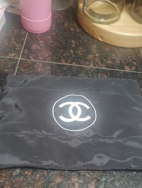 CHANEL Black Nylon Pouch with White Logo